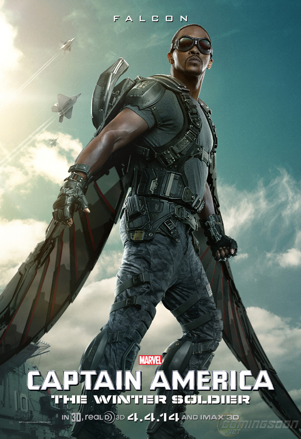 póster de halcón (anthony mackie) en capitán américa: el soldado de invierno