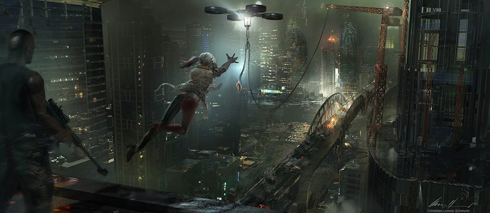 harely leaping , drone brings cabel, deadshot left of frame