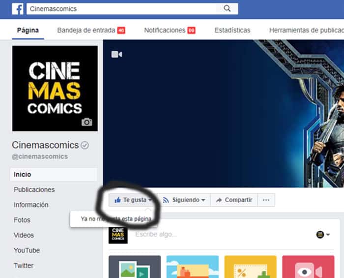 me gusta en el facebook de cinemascomics