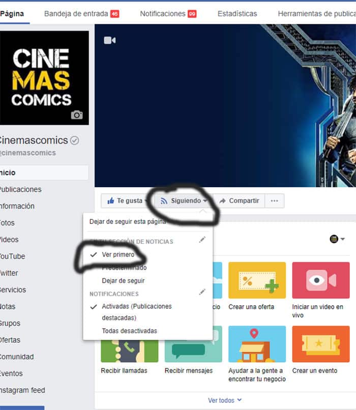 seguir en el facebook de cinemascomics