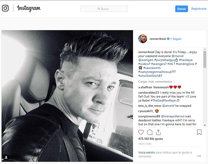 los hashtags de jeremy renner en vengadores 4 (2019)