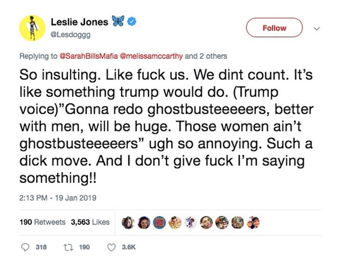 tuit de leslie jones sobre el nuevo reboot de cazafantasmas 