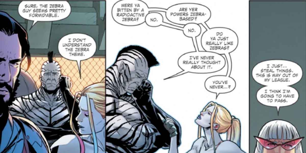 harley quinn se ríe de un extraño personaje de dc comics