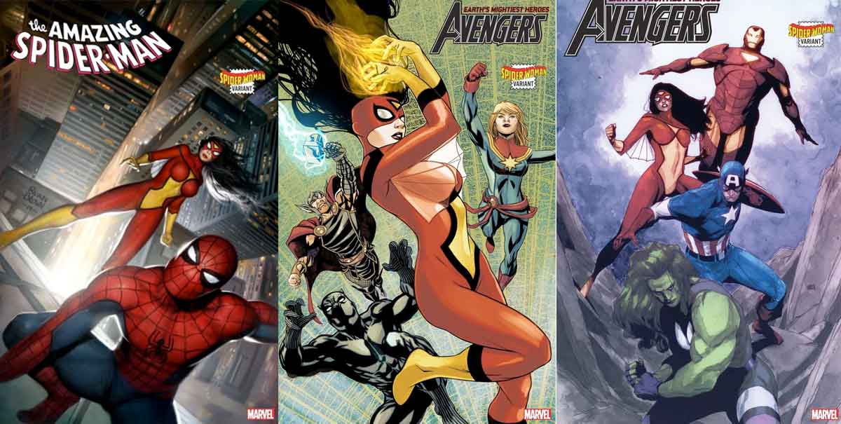 marvel une a spider-woman con los héores más importantes