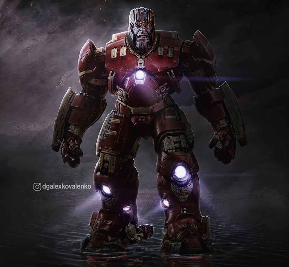 fan art de thanos con la armadura hulkbuster de iron man