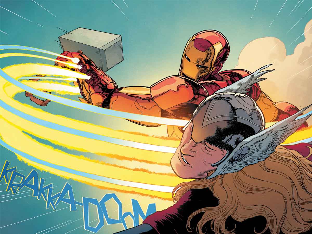 iron man y thor inician un guerra con el martillo mjölnir