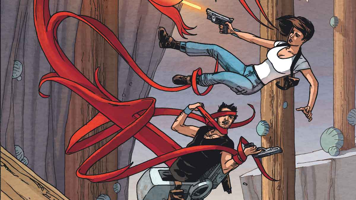 detalle de la portada del cómic última frontera. en la imagen se ven a los protagonistas los hermanos jane y john saltando por una montaña mientras disparan a una criatura del planeta planeta “tau ceti 5”, muy parecida a una planta de color rojo.