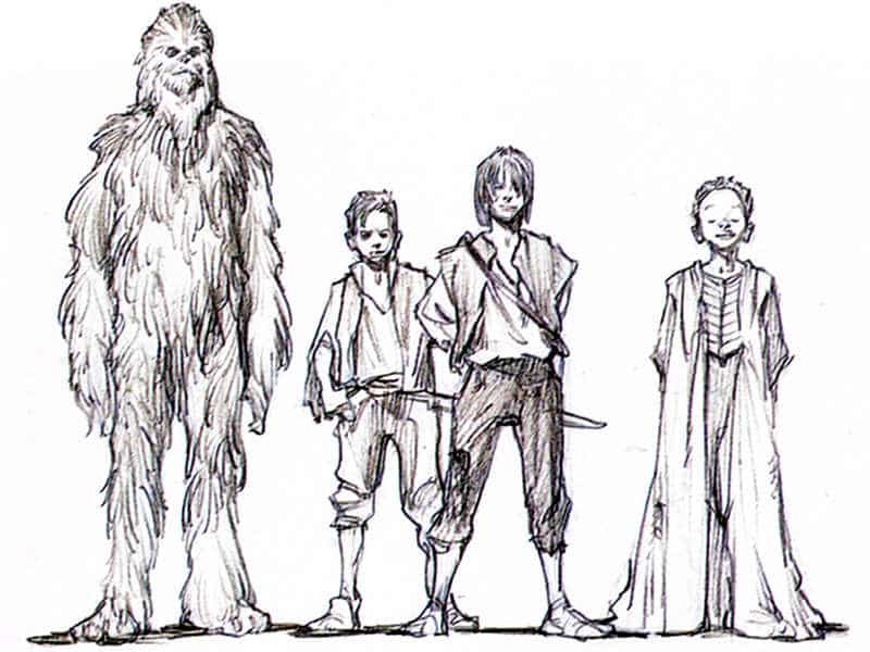 chewbacca junto a un joven han solo en los concept art de la venganza de los sith