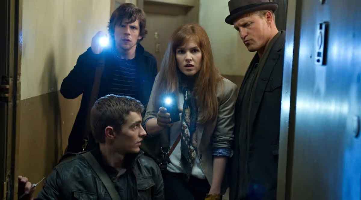 isla fisher, jesse eisenberg, woody harrelson y dave franco en el set de ahora me ves